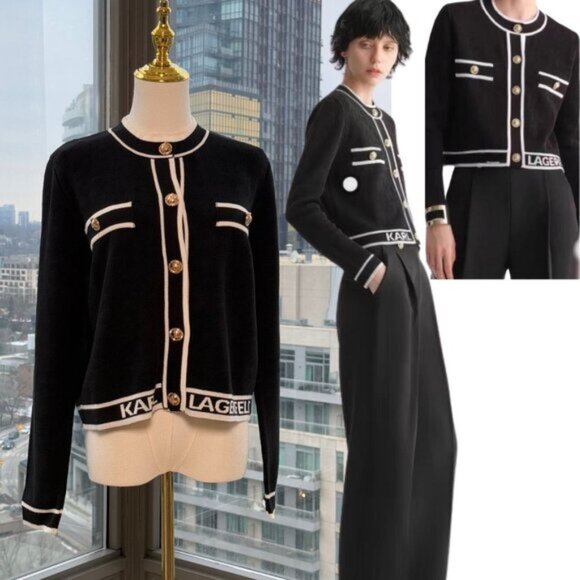 🆕 KARL LAGERFELD 🧿 NWT Classic Cardigan with Logo Embroidery & Buttons, Sz L - Picture 1 of 14
